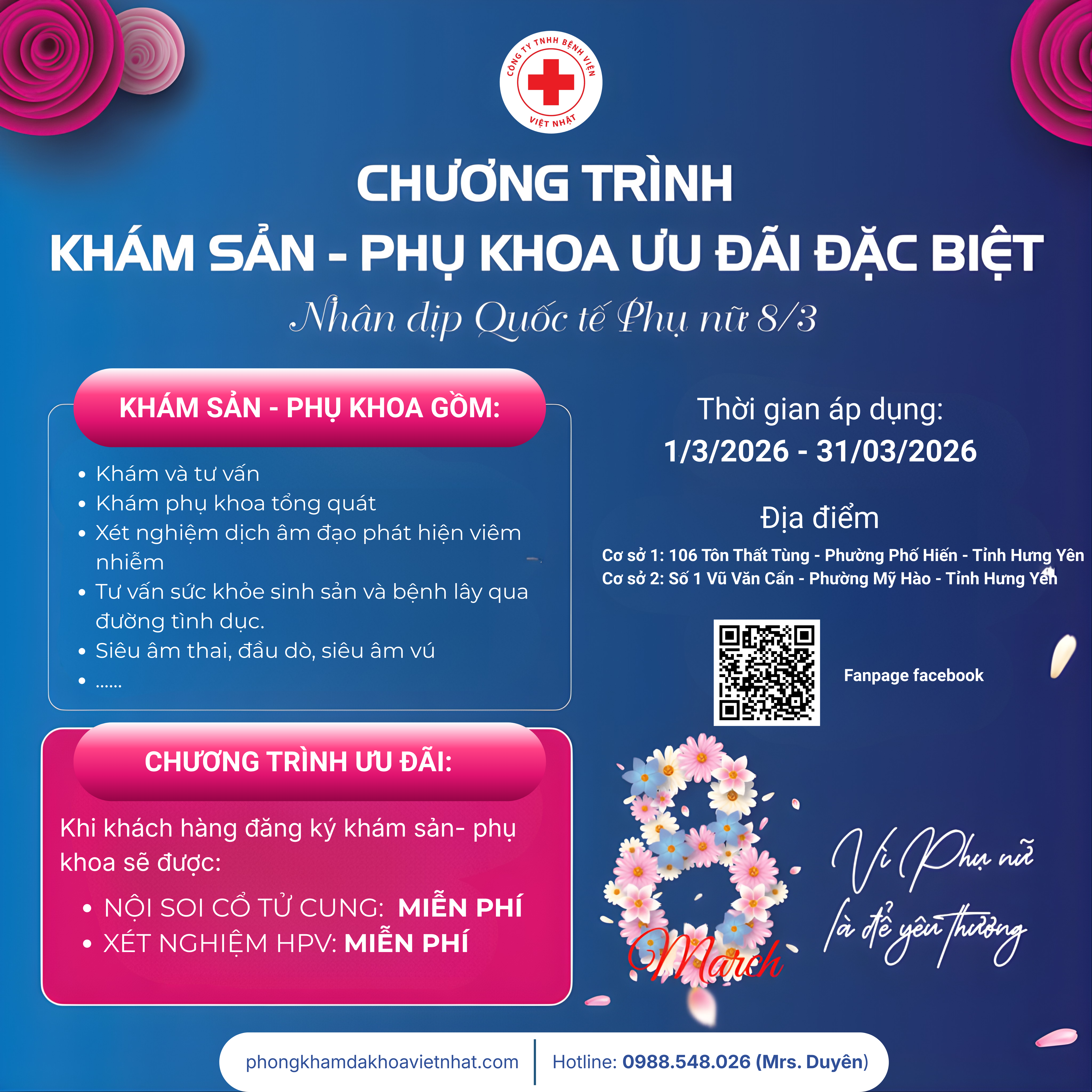 CHƯƠNG TRÌNH ƯU ĐÃI KHÁM SẢN – PHỤ KHOA NHÂN DỊP QUỐC TẾ PHỤ NỮ 8/3 TẠI PHÒNG KHÁM ĐA KHOA VIỆT NHẬT